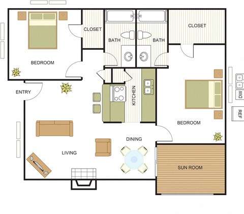 Floor plan for 2 beds, 2 baths, 991 sqft